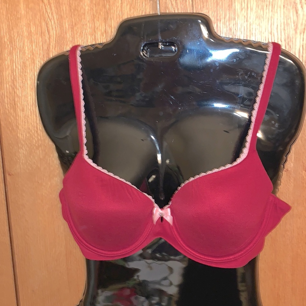 Body by Victoria 36B red lined demi bra lace trim padded underwire convertible